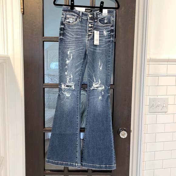 Judy Blue Women's Mid-Rise Flare Jeans - Button Fly, Destroyed Details, Stretch Denim (10" Front Rise, 33.5" Inseam) - View #6